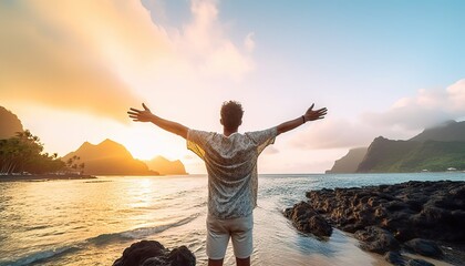 Young man arms outstretched by the sea at sunrise enjoying freedom and life, people travel wellbeing