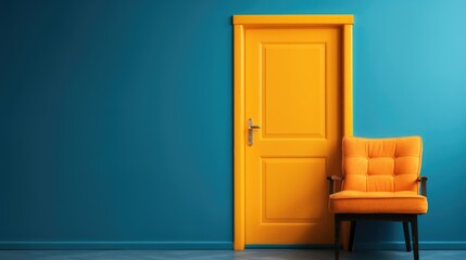 yellow wooden door with orange chair and blue wall, 