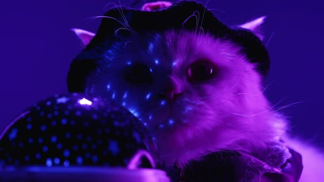 Magician cat in witch costume sitting near glowing predictable ball. Halloween