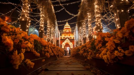 The warm glow of lights leads to the majestic temple, framed by vibrant marigold blossoms on a serene evening