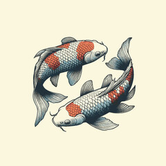 Colored Handdrawn Illustration of two koi fish swimming around each other 
