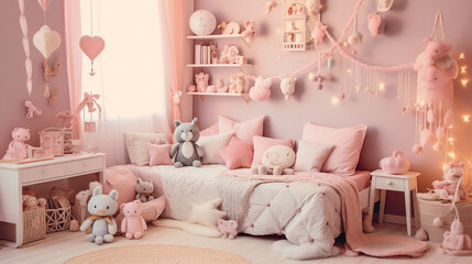 Fototapeta na wymiar Dreamy Haven: A Cozy Girl's Bed Adorned with Cuddly Companions