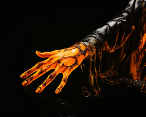 Hand illuminated by a bright orange color on a black background in the style of surreal fashion...