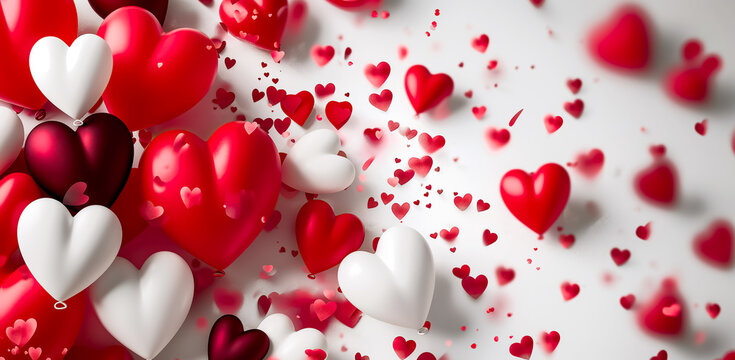 Valentine's day background. red and white heart shaped balloons. Love. Holiday celebration. Valentine's Day party decoration. red colour heart air ballons