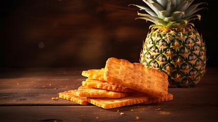 ripe pineapple with pineapple crackers on a wooden table