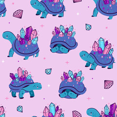 Obraz premium Seamless pattern with cute crystal turtles. Vector graphics.