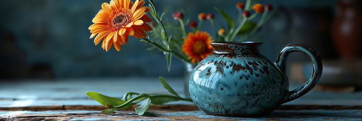 blue vase with handle and warm colored flowers