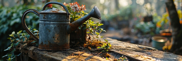 metal watering can on the left of the image on a wooden bench with green plants behind the watering can - obrazy, fototapety, plakaty