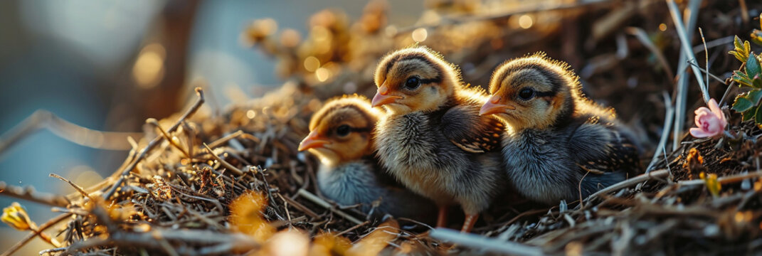 three chicks standing on the ground waiting for their mother