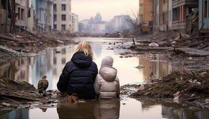 Sad mother and child looking the flooded city - obrazy, fototapety, plakaty