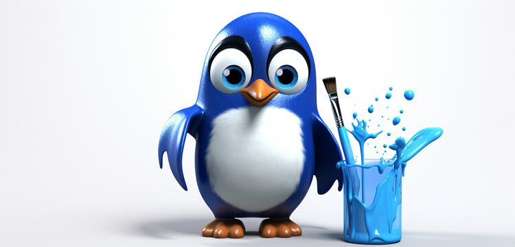 Cartoon penguin, covered in blue paint, stands near tasseled glass on a clean white background.
