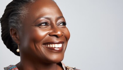 African older woman with beaming smile, hair tied back, copy space