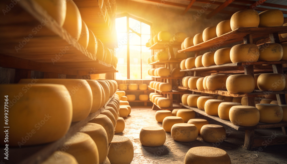 Poster aging process in cellar creates gourmet cheese variations in rows generated by ai
