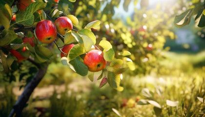 Fresh green apple on a tree branch in a sunny orchard generated by AI