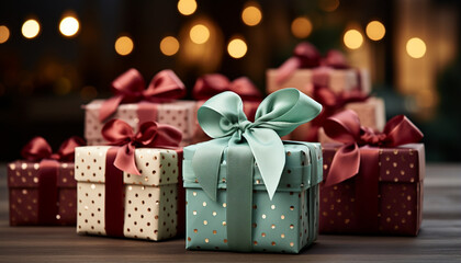 Christmas present wrapped in elegant gold paper on wooden table generated by AI