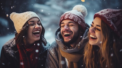 Happy multiethnic friends on a mountain vacation with snow - Young people having fun for December holidays - obrazy, fototapety, plakaty