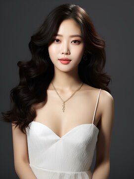 Portrait of beautiful young Korean woman with long black wavy hair, wearing white dress, diamond necklace, isolated background, AI Generative