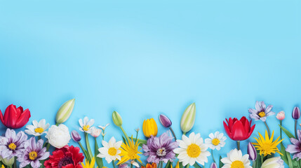 Vibrant tulips and daisies on pastel blue with ample copy space for your message.