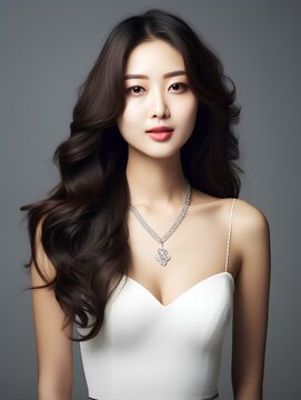 Portrait of beautiful young Korean woman with long black wavy hair, wearing white dress and diamond necklace, isolated background, AI Generative