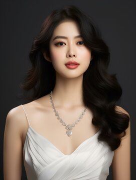 Portrait of beautiful young Korean woman with long black wavy hair, wearing white dress and diamond necklace, isolated black background, AI Generative