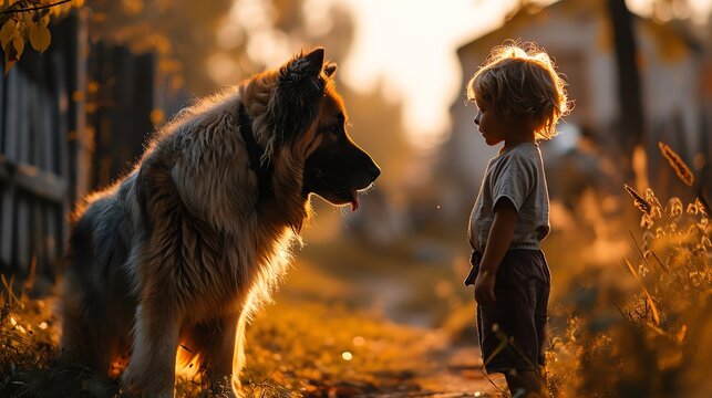 In the golden hour's soft light, a young child and a large, gentle dog share a moment of curious interaction, highlighting the innocent bond between animals and children.