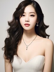 Portrait of beautiful young Korean woman with long black wavy hair, wearing white dress, diamond necklace, isolated white background, AI Generative