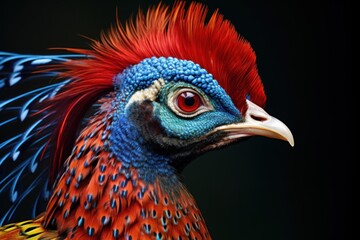 Fototapeta premium Portrait in profile of a majestic bird pheasant with vibrant feathers on black background