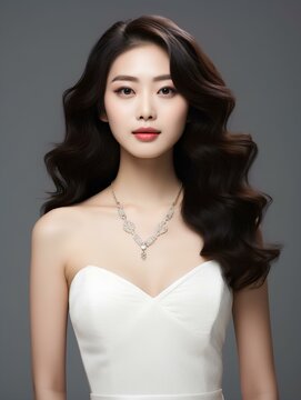 Portrait of beautiful young Korean woman with long black wavy hair, wearing white dress, diamond necklace, isolated white background, AI Generative