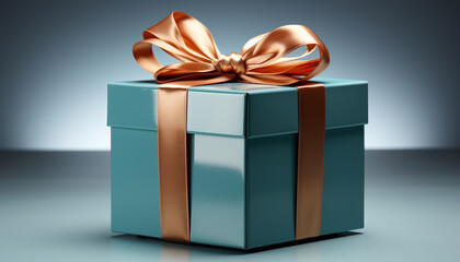 A shiny blue gift box with a golden tied bow generated by AI