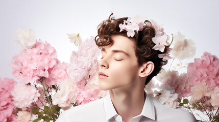 Studio portrait of a young man surrounded by flowers.