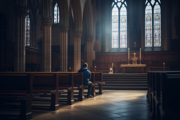 Man sitting alone in small empty church and praying - obrazy, fototapety, plakaty