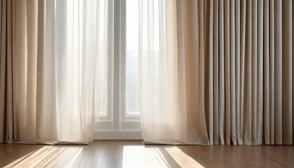 Sunlit window with billowing white curtain against beige wallpaper, evoking serenity and warmth