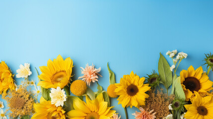 Overhead view of sunflowers and daffodils on pastel blue, surrounded by inviting copy space.
