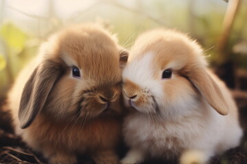 Fototapeta premium Two cute Mocha mousse brown and creamy lop bunnies with their noses touching in the soft morning light. Happy Easter, Birthday, Valentine's Day, Springtime concept for card, postcard, poster,