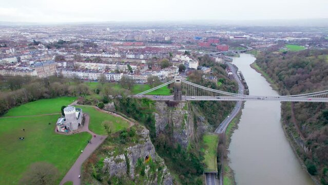 Aerial view of the landmark of Bristol, Clifton Suspension Bridge and Clifton Observatory