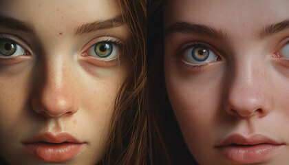 Two young women, one with brown hair, one with blond hair, smiling generated by AI