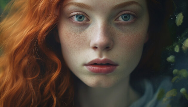 A beautiful young redhead woman looking at the camera outdoors generated by AI
