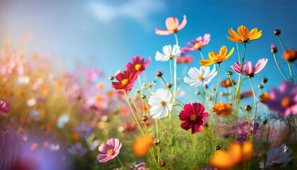 Vibrant multicolored cosmos flowers bloom in a sunlit meadow against a clear blue sky, representing the beauty of nature in spring