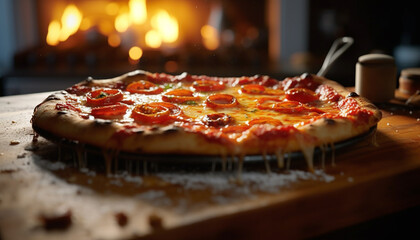 Freshly baked pizza on wooden table, a slice of homemade goodness generated by AI