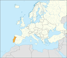 Naklejka premium Orange CMYK national map of PORTUGAL inside detailed beige blank political map of European continent with rivers and lakes on blue background using Mercator projection