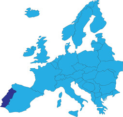 Dark blue CMYK national map of PORTUGAL inside simplified blue blank political map of European continent on transparent background using Peters projection
