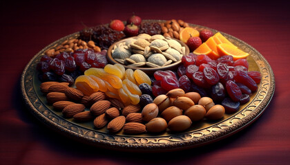 Fototapeta premium Healthy eating fruit bowl with almond, grape, cranberry generated by AI