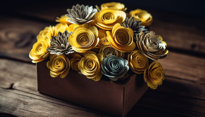 Wooden gift box decoration on table with yellow flower pattern generated by AI