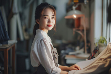 Young smiling Asian woman, fashion designer and stylist in her atelier