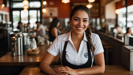 latina waitress at a cafe smiling into the camera
