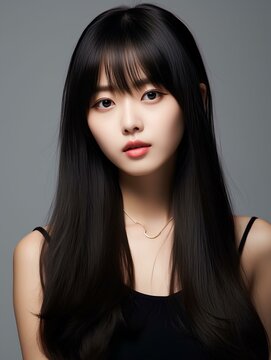 Portrait of beautiful young Korean woman with long straight hair with soft bangs, AI Generative