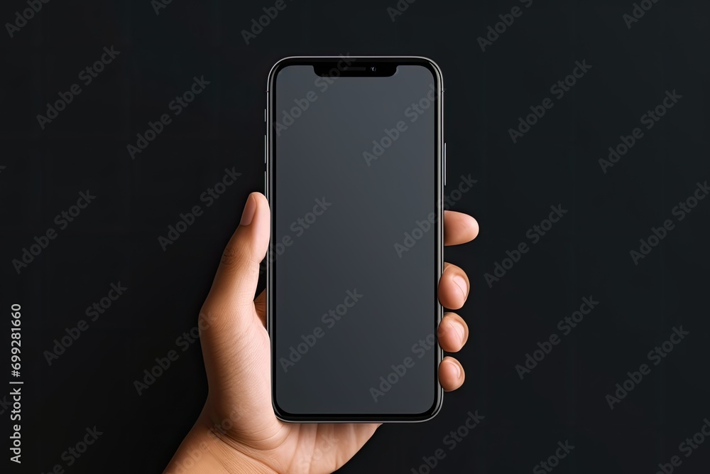 Poster a hand holding a smartphone with a blank screen for communication and touch interaction.