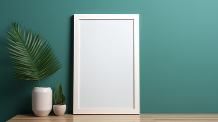 White-framed mockup photo on a wooden slat against a teal wall, mounted on a wooden cabinet.