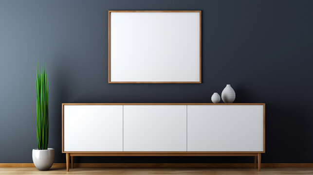 White-framed mockup photo against navy blue wall, mounted on a wooden cabinet.
