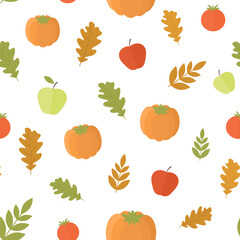 Seamless pattern with autumn leaves, pumpkins and apples in a flat